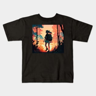 Girl trekking in the woods with a beautiful sunset effect. Kids T-Shirt